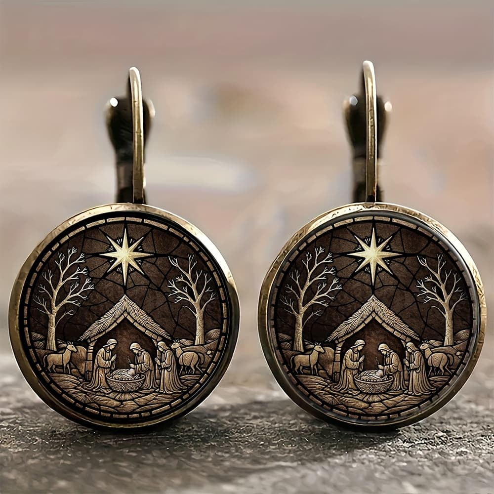TEMU Vintage-style Round Earrings Made Of Alloy, Featuring A Christmas Nativity Scene. Elegant Jewelry Pieces Are Easy Yet Trendy, Wear. Make A Great Gift And Are Suitable For Events