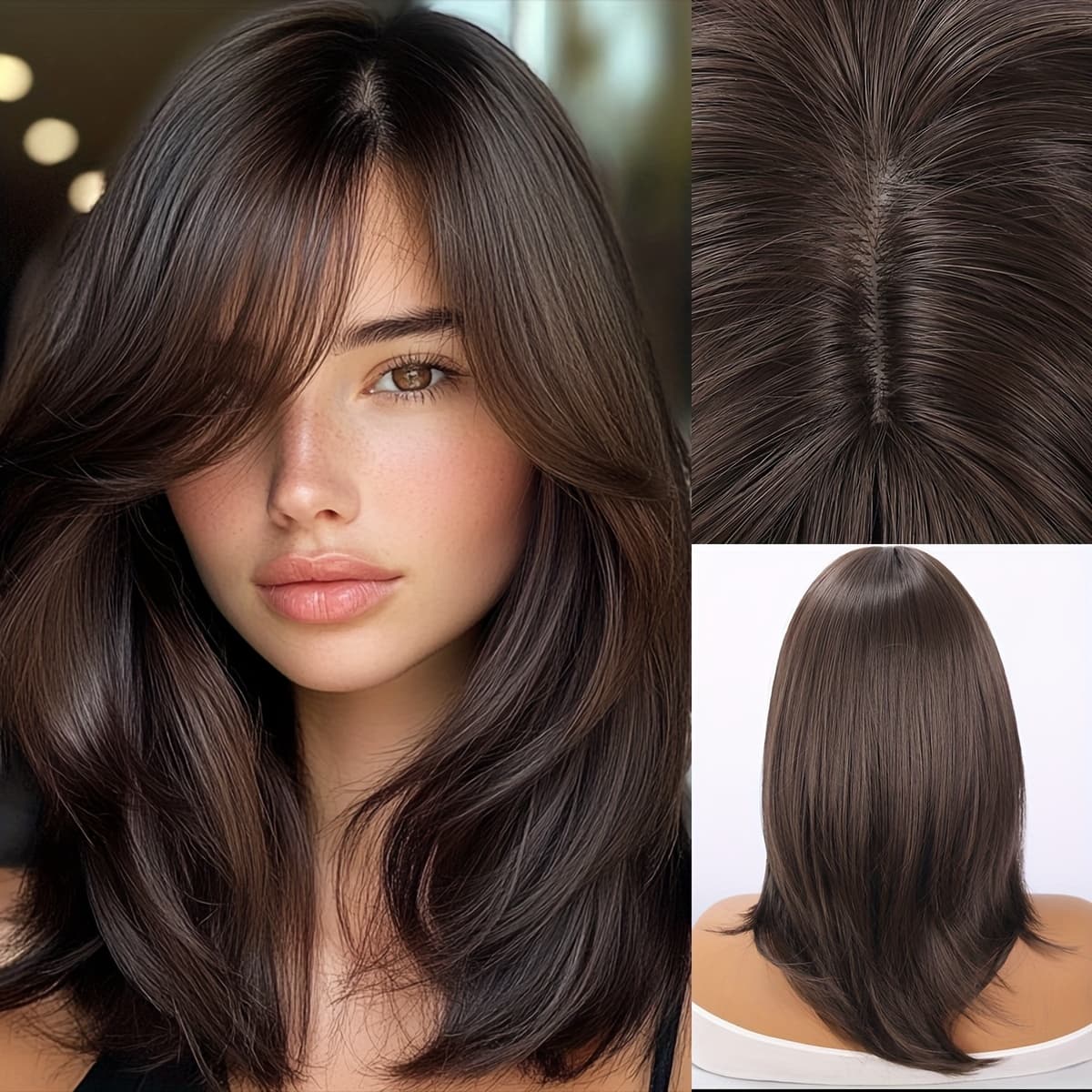 TEMU 16-inch A-line Bangs, High-temperature Fiber, Brown Wig, Women's Wig, , Suitable For Everyday Use