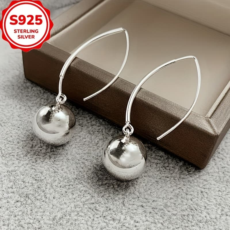 TEMU Elegant 925 Pure Silvery Ball Pendant Earrings - Hypoallergenic, Bohemian Fashion Style, Suitable For Casual Wear And Gifts, Long, Fashionable, 5g