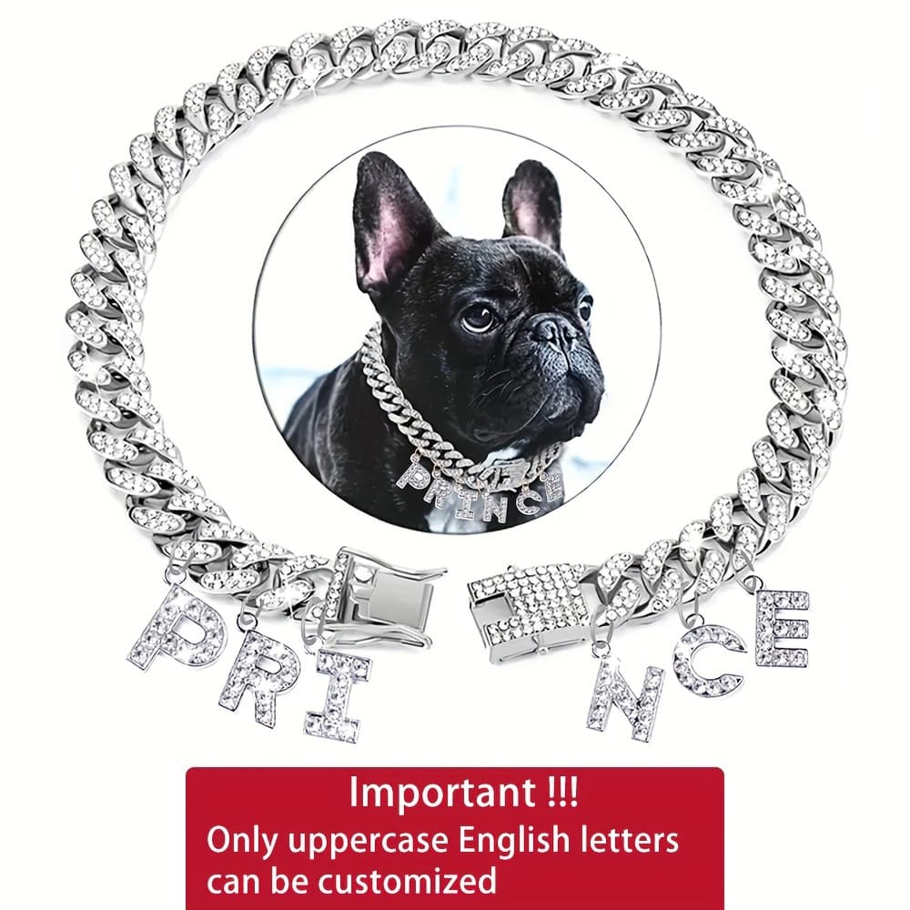 TEMU Sparkling Personalized Dog Necklace, Customized Dog Collar With Letter Pendant Tag - 13mm Dog Cuban Chain, With Design Collar