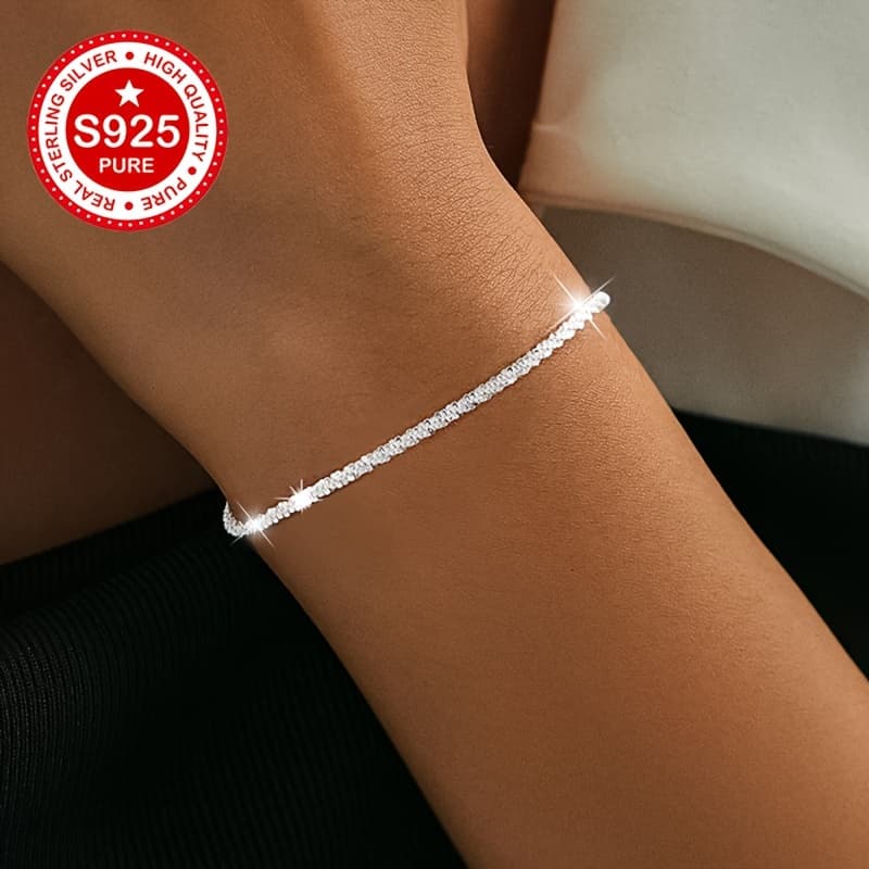 TEMU S925 Sterling Silver Sparkling Bracelet Women's Gift Party, Valentine's Day Halloween Gift 1pc 1.7g