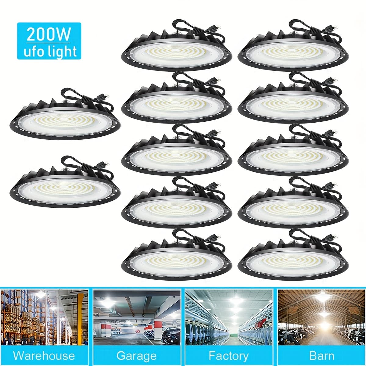 TEMU 12pcs 200w Ufo Led High , 90-277v, Cold White 6000k, Led Shop Lights, Commercial Industiral Warehouse Garage Workshop Mall Barn Lighting Fixture, With 4ft Us Plug, Ip65