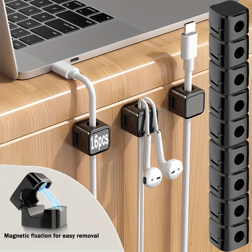 TEMU 16pcs Cable Organizer Set, Self-adhesive Magnetic Clips, No Drilling Required, For Home Office Desktops And Walls, Adjustable And Versatile Cable Management