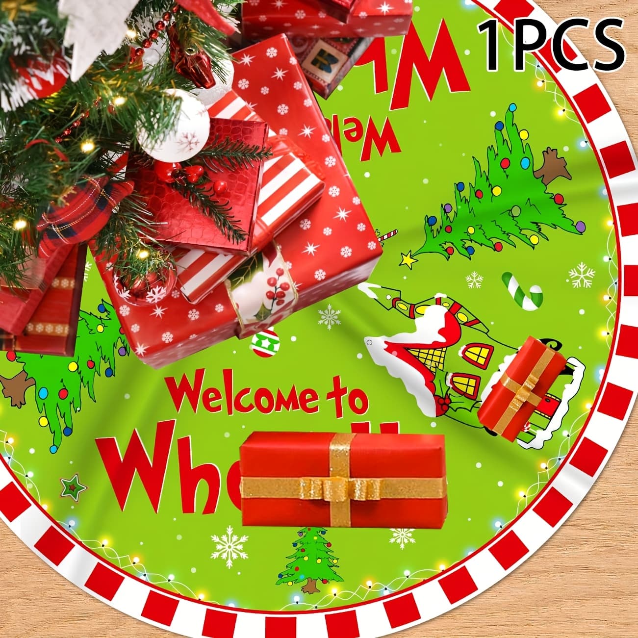 TEMU Christmas Tree Skirt - Welcome To The ! 48-inch Red And Green Christmas Tree Skirt, Indoor Christmas Decoration, Christmas Ornaments, Christmas Decor.