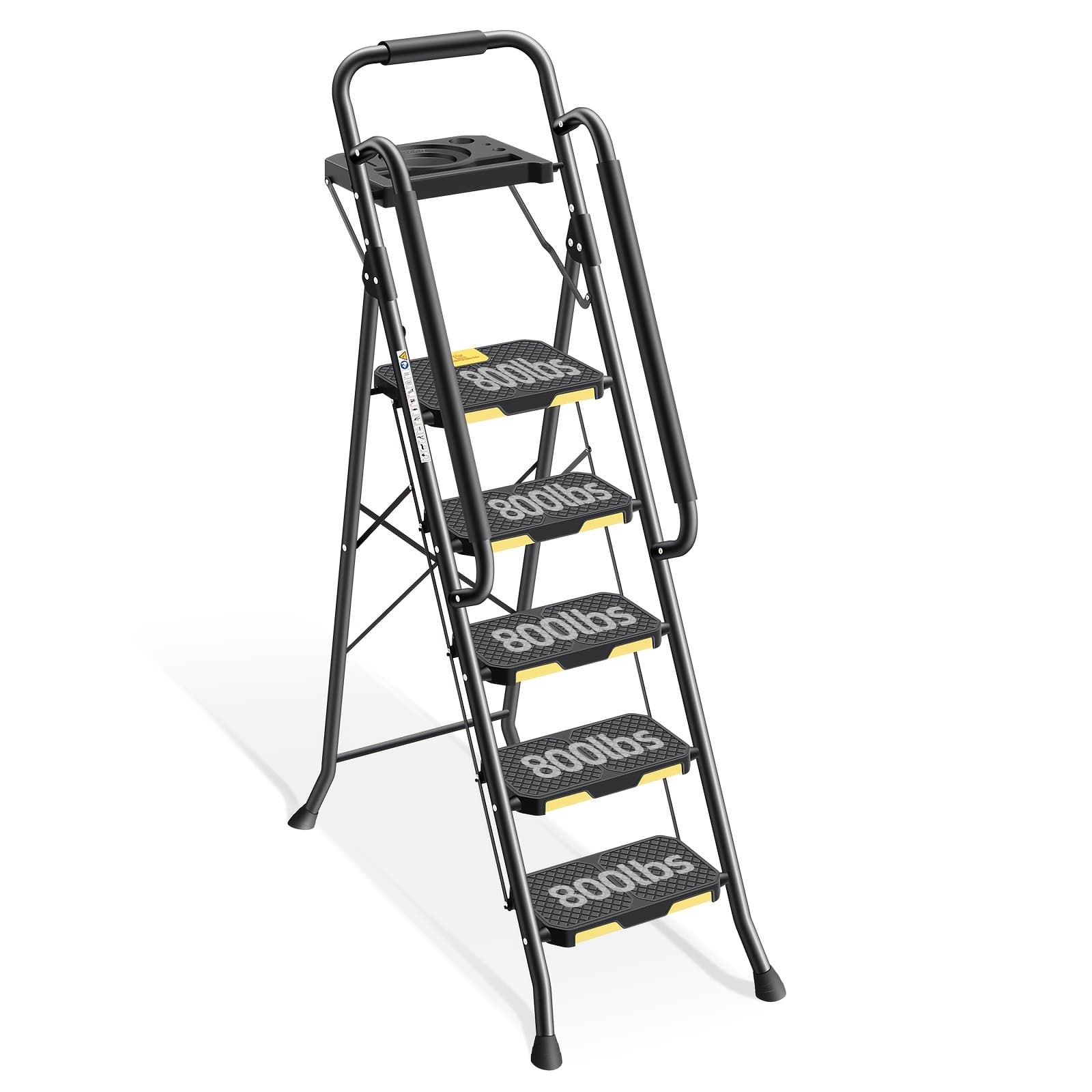 TEMU Kingrack Heavy-duty 5-step Folding Ladder With Handrails & Tool Platform, 800 Lbs Capacity, Black Steel Construction For Home, Outdoor & Garage Use, Folding Ladders For Home