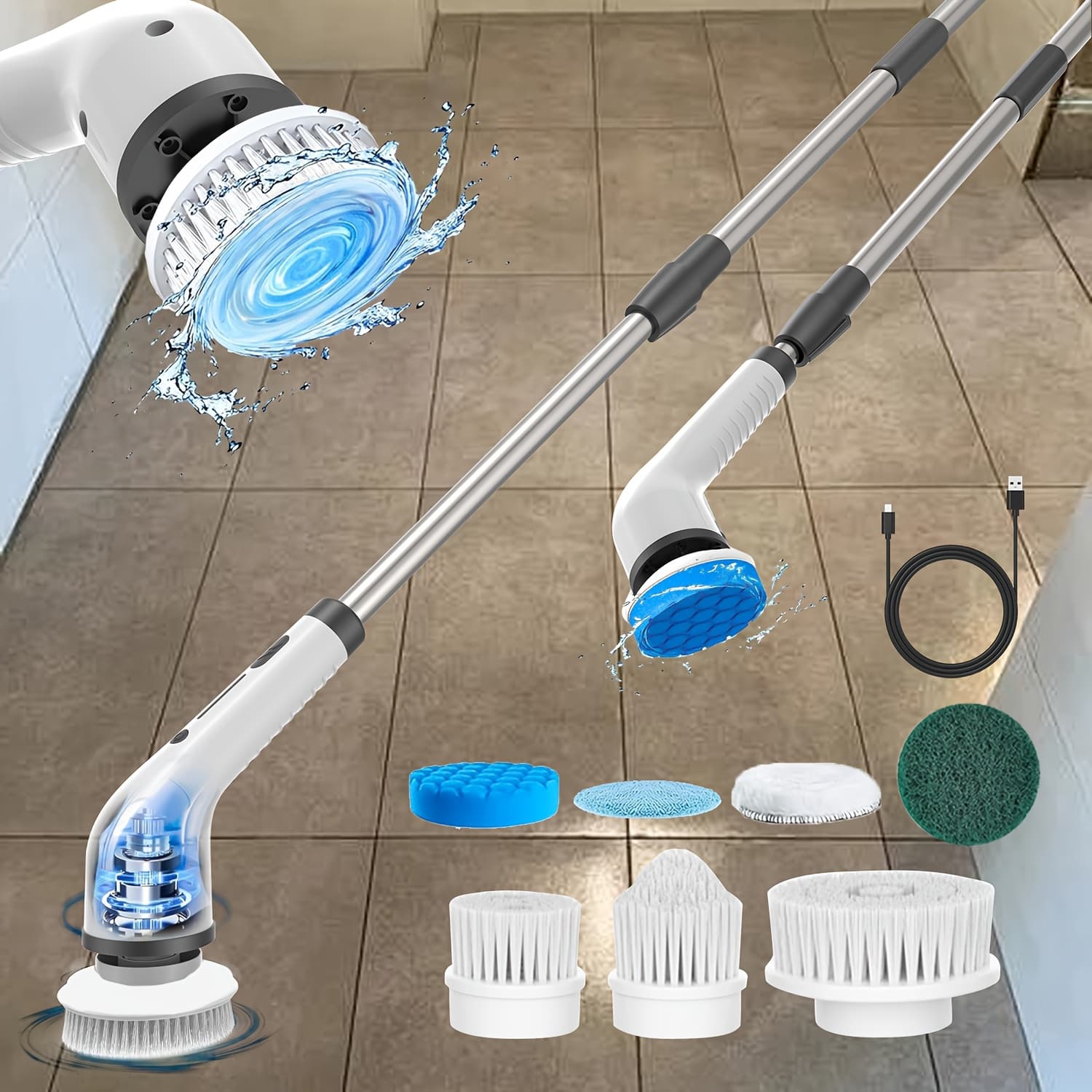TEMU 2026 Electric Spin Scrubber | Dual Adjustable | Cordless | Adjustable & Detachable Handle | 8 Replaceable Brush Heads | Up To 300/400rpm | For Floor, Bathroom, Tub, Tile