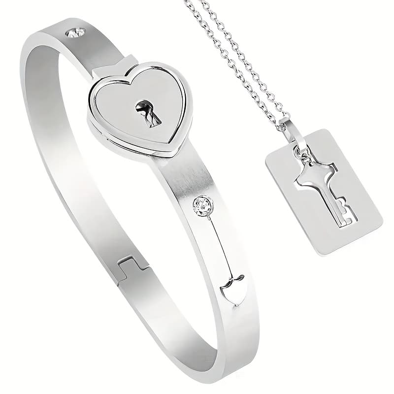 TEMU A Set Of Titanium Steel Love Couple Heart-shaped Lock Bracelet And Key Necklace Set, Fashionable, Elegant And Jewelry.