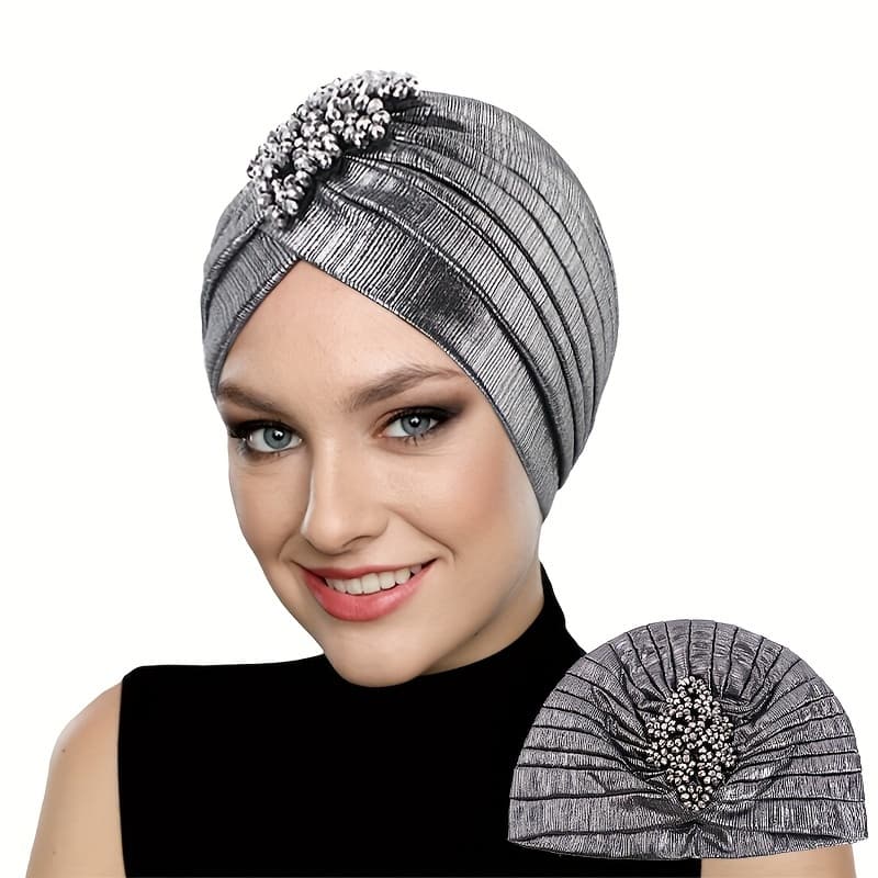 TEMU Golden Rhombus Diamond Vintage Pleated Headscarf Hat, Gold-foiled Indian Hat, Arab Ethnic Turban, Full-covered Headscarf