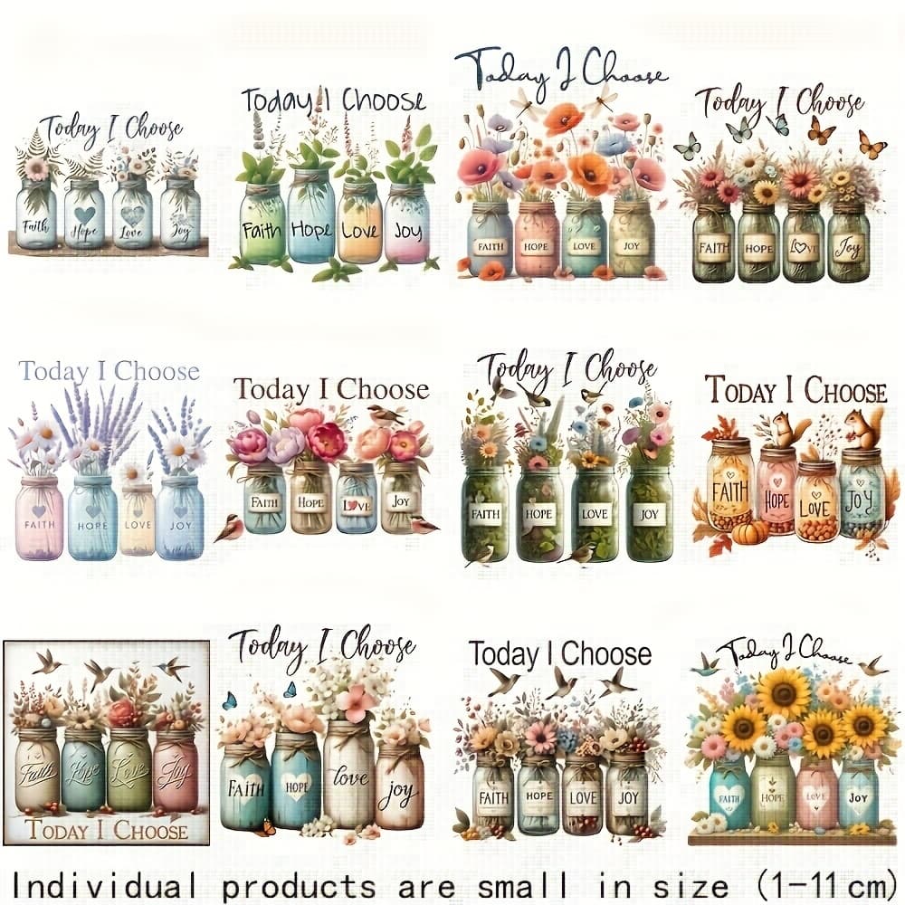 TEMU 12pcs Multicolor Iron-on Heat Transfer Patches - Faith, , Love, Joy Wishing Bottle Designs For Diy T-shirts, Hats & Bags