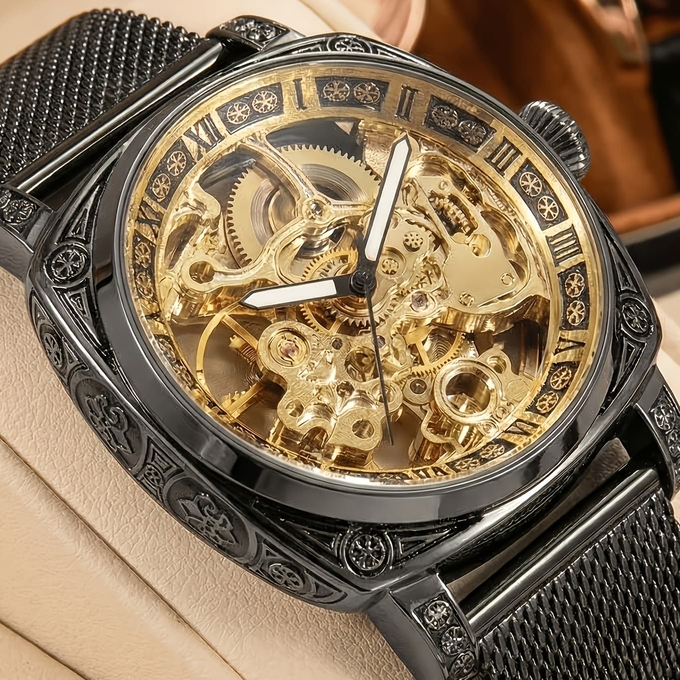 TEMU Men's Black Steel Mesh With Gorgeous Golden Surface Carved Hollow Automatic Mechanical Watch