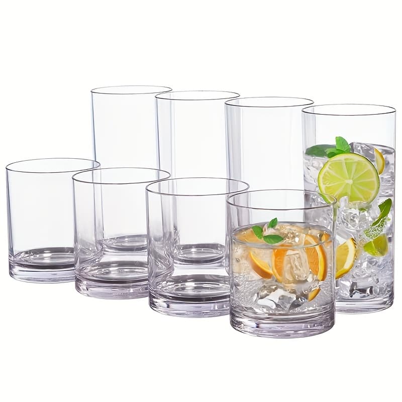 TEMU Of 8 Transparent Reusable Plastic Cups, 12 Oz For Ice Drinks And 16 Oz For Water, Safe For Health, Free From Bpa, Suitable For Food Use, And Dishwasher Safe Rack
