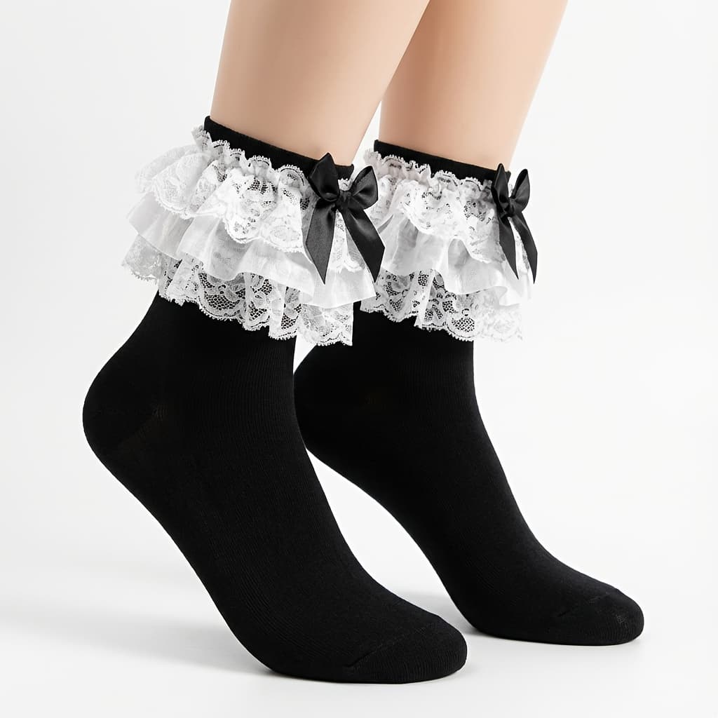 TEMU Sweet Bow Lolita Style Mid-calf Socks, Black And White, Spring/autumn Medium-thick Style With Large Lace Trim
