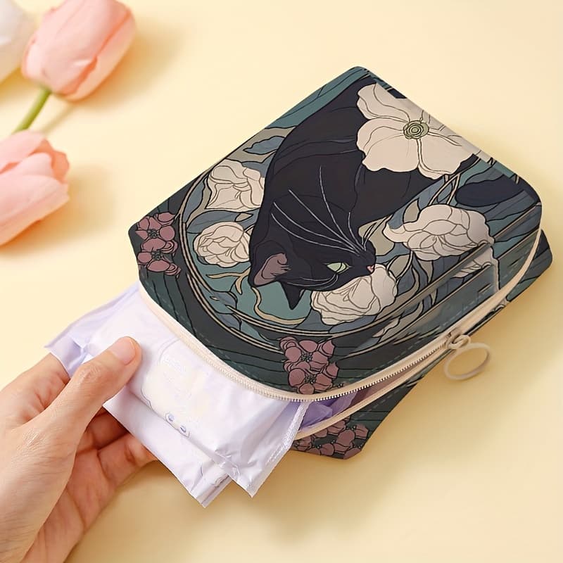 TEMU Multi-functional Portable Storage Bag, Sanitary Pad Organizer With Camellia Cat Print Design, Large-capacity Portable Pouch For Toiletries And Candies, Lightweight Versatile Storage Bag