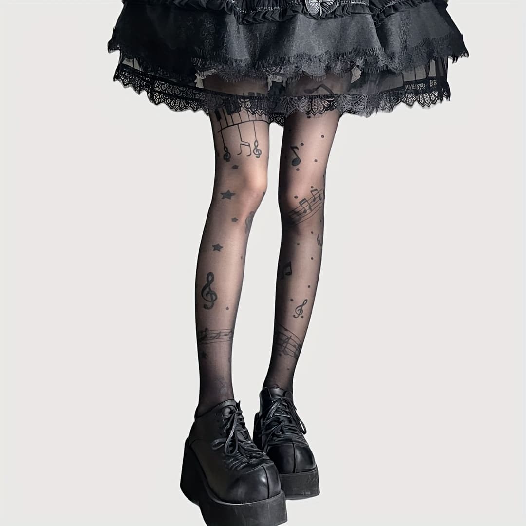 TEMU Spring Summer Musical Note Print Tights Stockings Women's Thin Non-run Tights