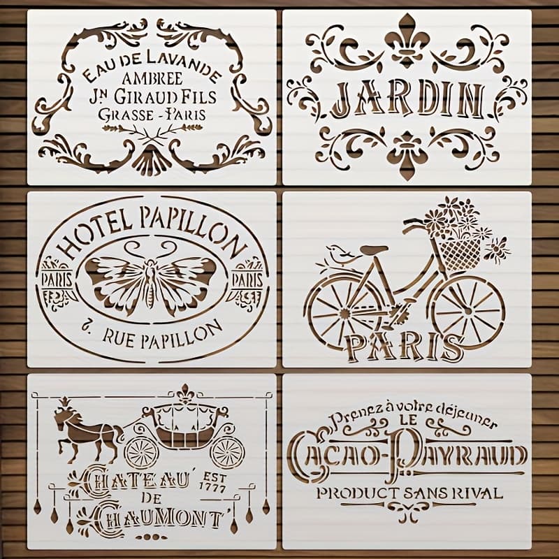 TEMU 6pcs Of French Retro Templates, Retro Templates, Reusable Painting Templates, Washable, , A4 Size, Suitable For Home Decoration, Doors And Windows, Glass, Painting, Diy Handicrafts
