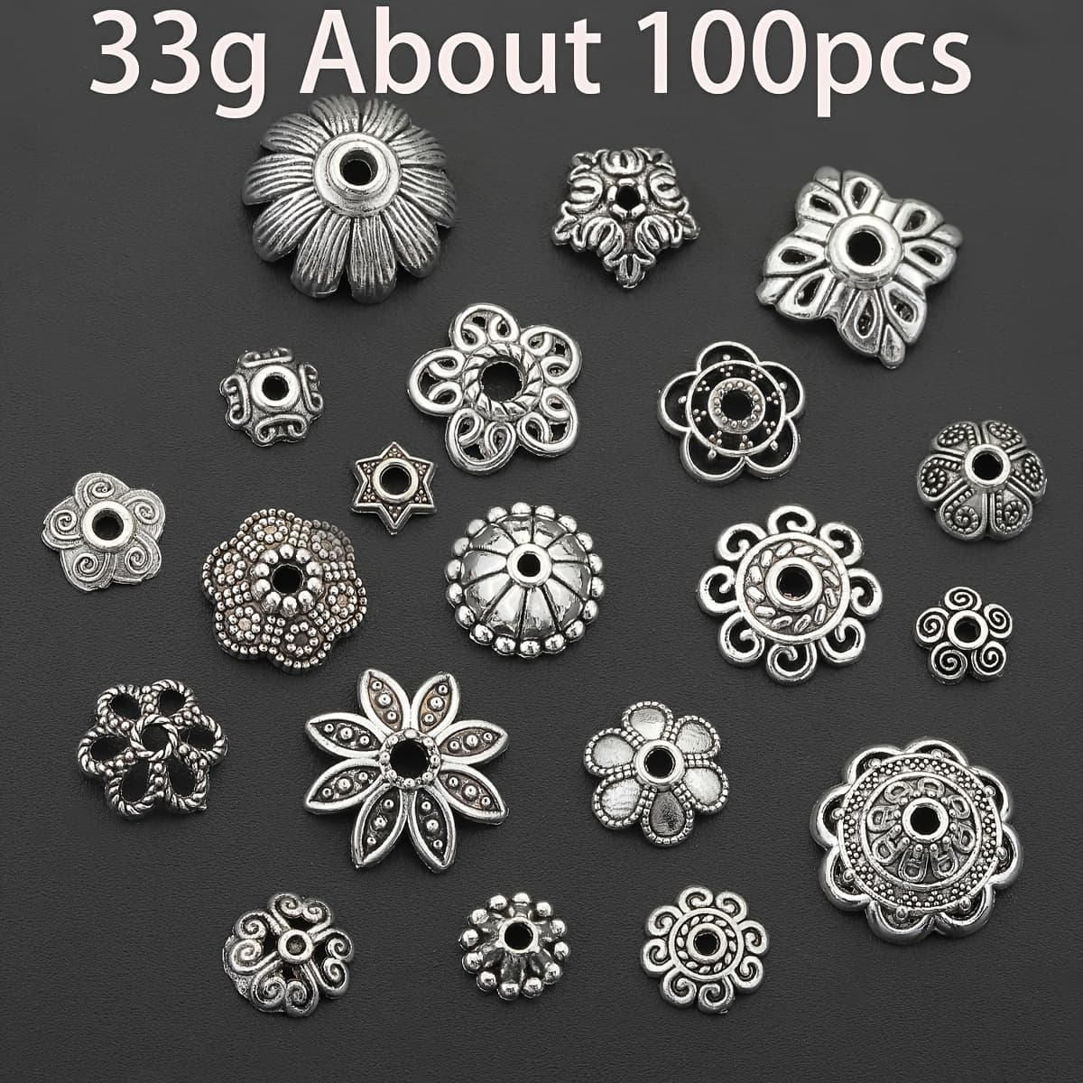 TEMU 100pcs Of Alloy Bead Caps In Assorted Flower Petal Designs, Perfect For Jewelry Projects, Earrings, And Anklet Additions