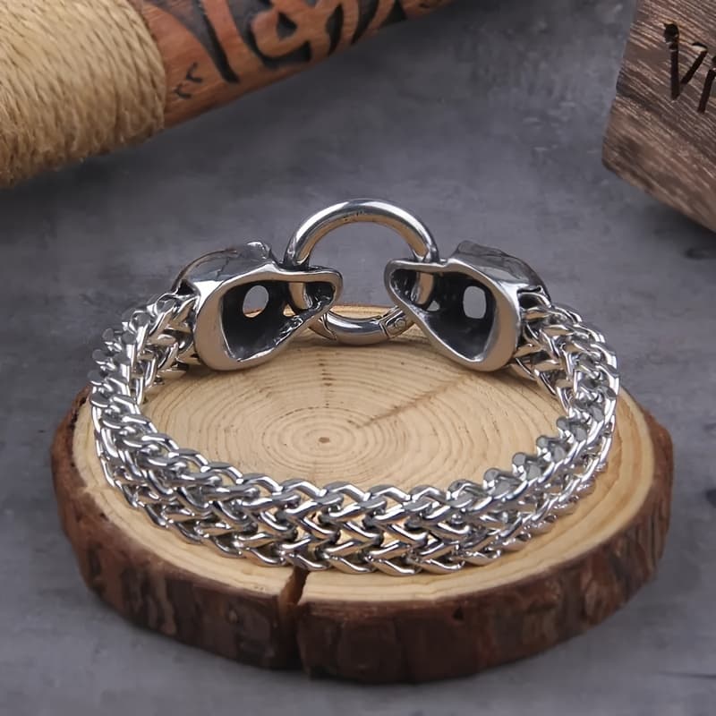 TEMU Stainless Steel Nordic Double Wolf Head Bracelet, Stylish Retro Punk Mesh Chain, Hip-hop Rock Trendy Jewelry, , Non-magnetic, Clothing, Shoes, Hats And Jewelry Additions