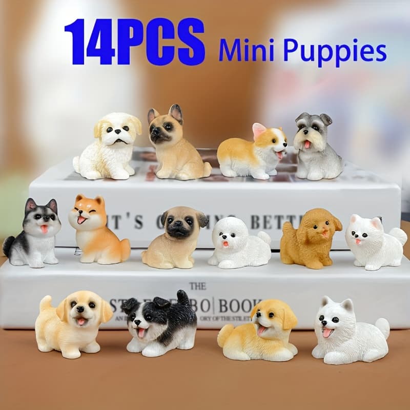 TEMU Hand-painted Dog Statue Set - 14pcs Realistic Figurines With Details (plastic)