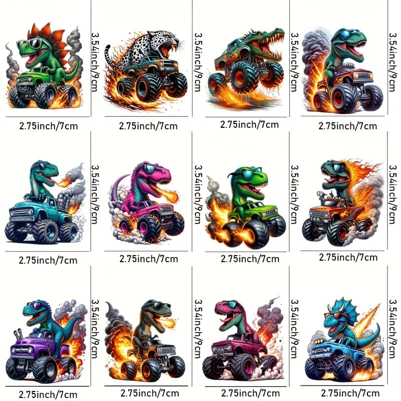 TEMU 12pcs Dinosaur Monster Truck Uv Dtf Self-adhesive Cup Transfer Paper, Waterproof Transfer Paper For Glasses, Mugs, Laptops, Fridges High Quality Diy Crafts Supplies Decoration