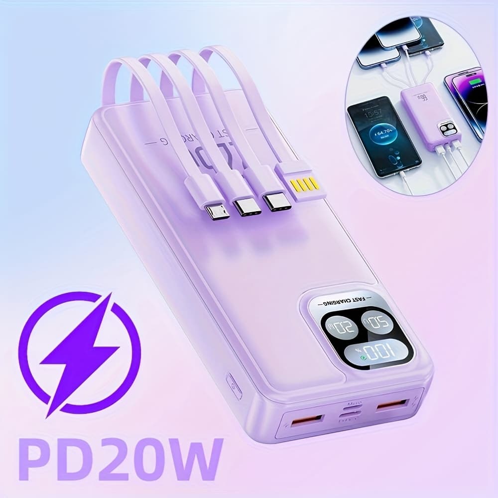 TEMU Portable Charger With Built In Cable , 66w Fast Charging 20000mah Power Bank Usb C Led Display Travel Battery Pack