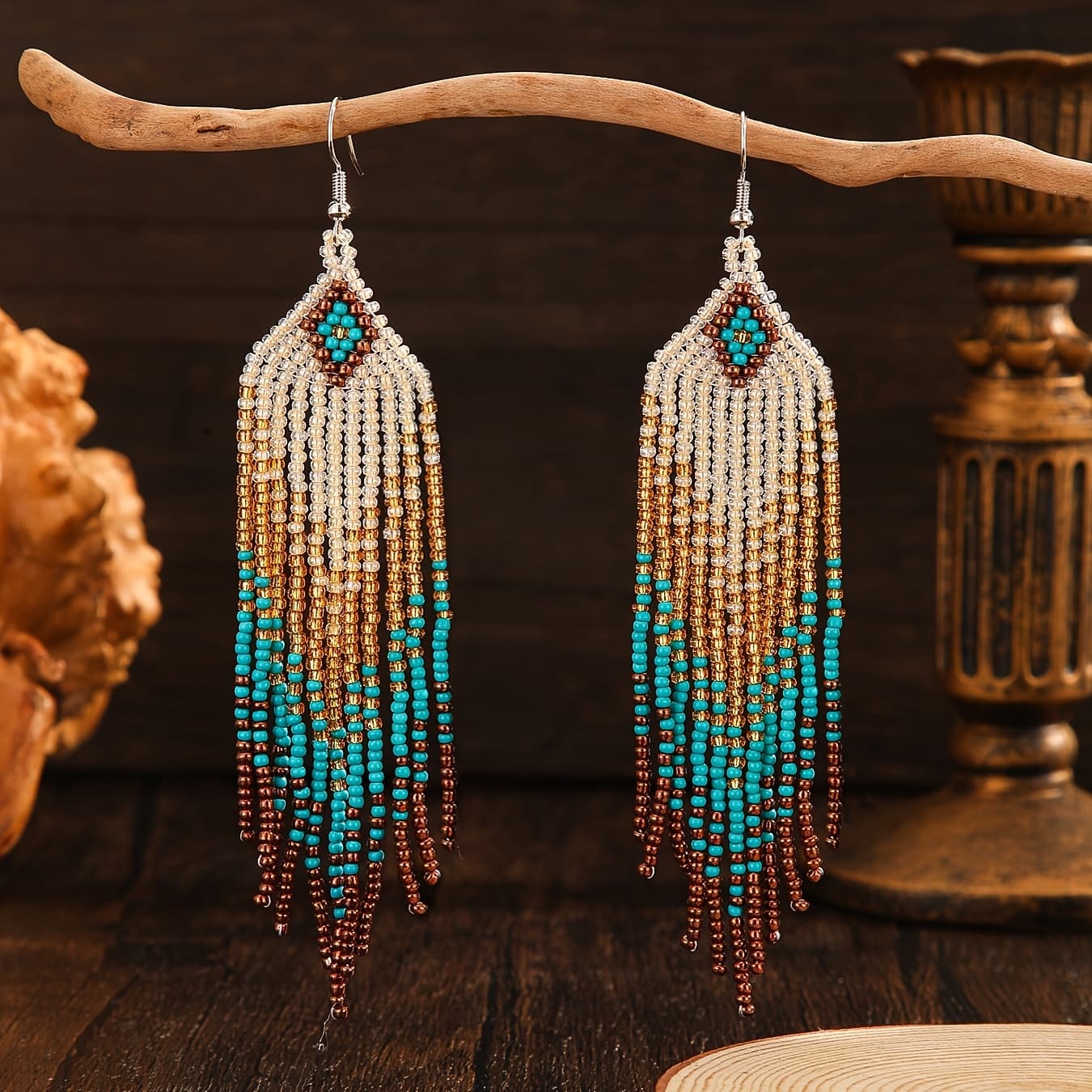 TEMU A Pair Of Women's Fashion Tassel Earrings Boho Style Gradient Charm Geometric Pattern Glass Rice Beads Hand-woven Beading Suitable For Daily Wear Holiday Casual Wear All Matching Gifts