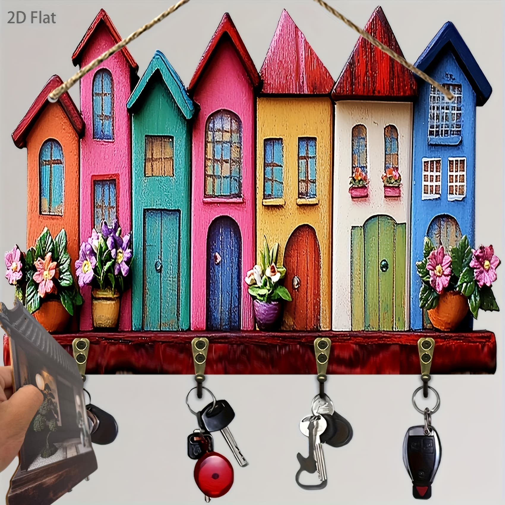 TEMU 2d Flat Color Wooden Key Holder With 4 Metal Hooks - 11.8" " Wall Mounted Organizer For Entryway, Porch, Room Decoration - Multifunctional Key Storage Ornament, 2d Flat