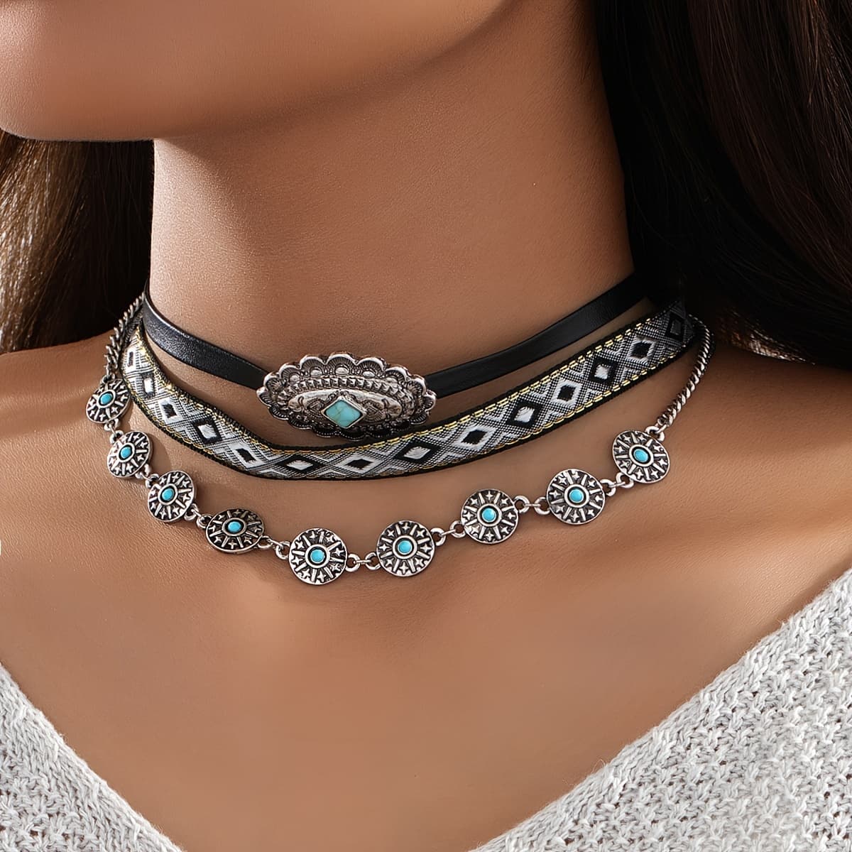 TEMU 3pcs Vintage Western Style Alloy Turquoise Webbing Necklace Set For Women' Wear