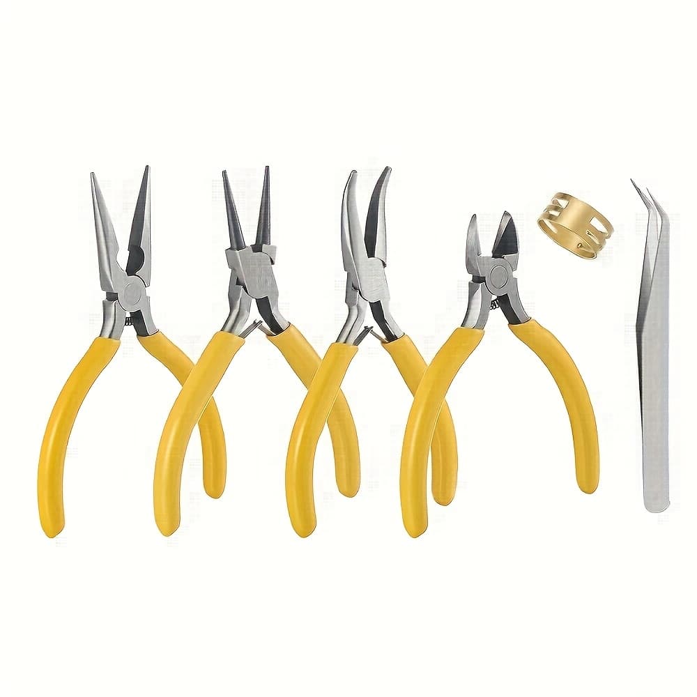 TEMU 6pcs/1set, Yellow Pliers Set Including Needle-nose Pliers, Curved Nose Pliers, Round Nose Pliers, Open-end Wrench And Tweezers, Suitable For Beginners And Essential Household Tools