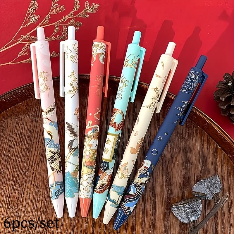 TEMU 6pcs Traditional Chinese Gel Pens: High Quality, Clear Handwriting, Smooth Writing Experience. Suitable For Office Use Or As Gifts, Stationery Items. An Ideal Gift