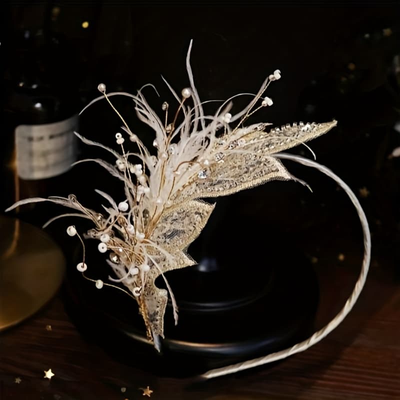 TEMU A New Beige Hairband With Floral Feathers, Perfect For Brides And Elegant Occasions, Suitable For Women At , Dances, And Parties