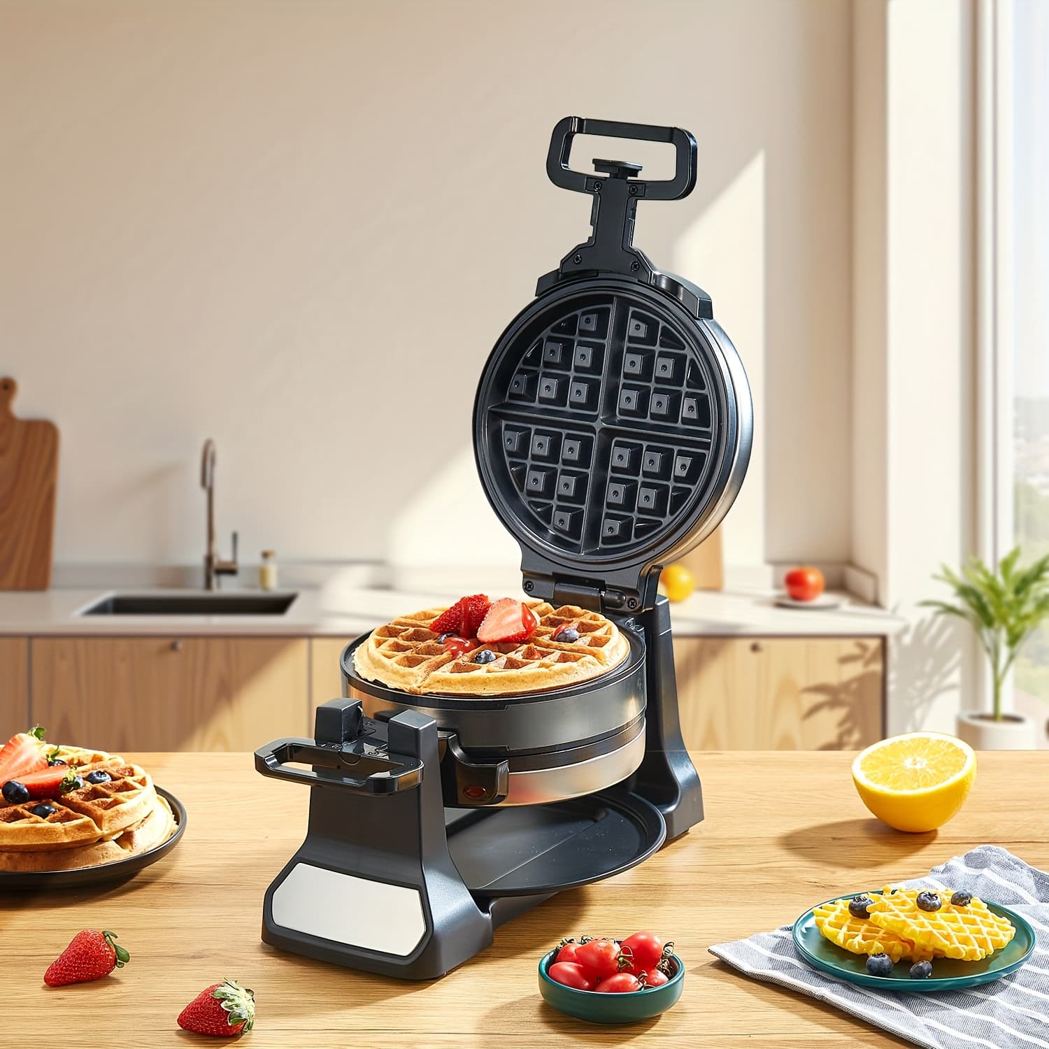 TEMU Belgian Waffle Maker, Classic Rotating With Nonstick Plates, Removable Drip Tray & Handles, Waffle, Brushed Stainless
