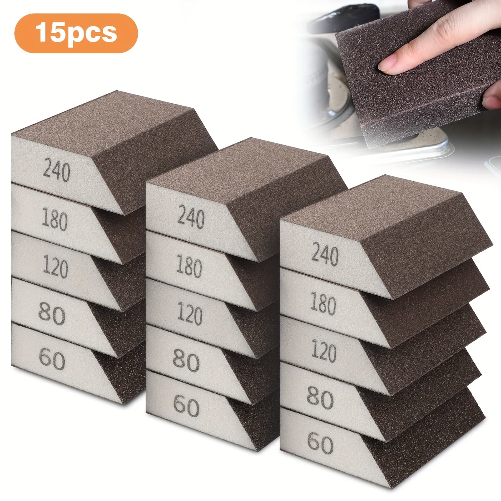 TEMU 15pcs 60/80/120/180/240 Grit Sanding Sponge Blocks, Washable & Reusable Handmade Sanding Sponge Set For Wood-working Drywall Metal, Sander Sponges For Rust Removal & Polishing, Use