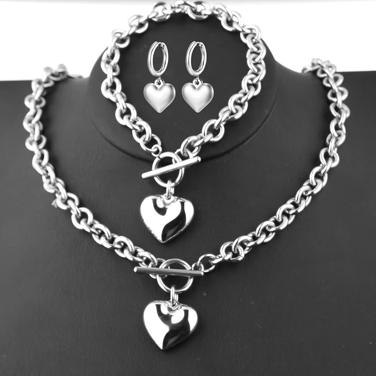 TEMU 4 Elegant Heart Pendant Necklace And Bracelet Earrings Set For Ladies - Wear Or Vacation, Valentine's Day Gifts