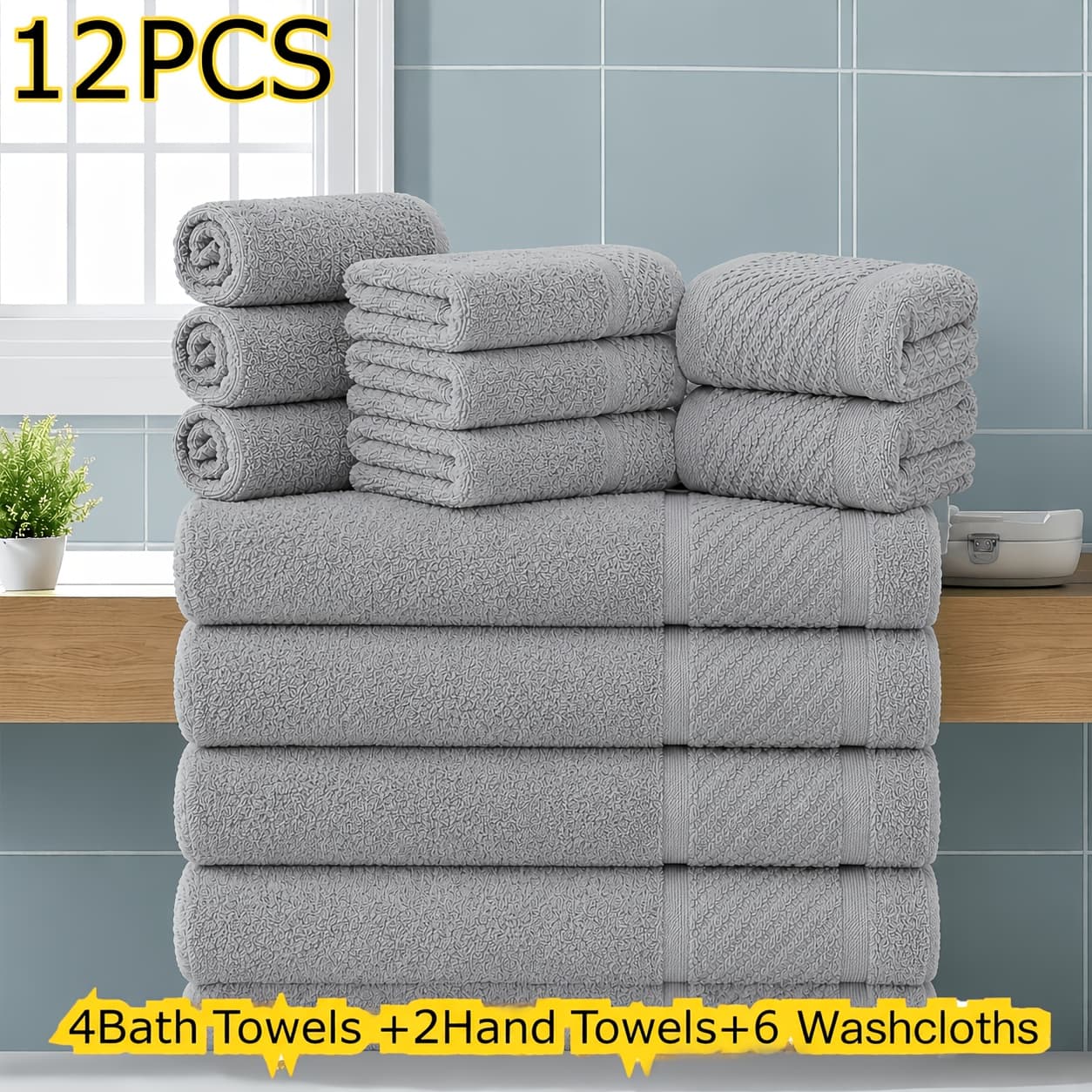 TEMU Cotton Towel Set, 12pcs Bathroom Towel Set 4 Bath Towels, 2 Hand Towels, 6 Washcloths, Super Absorbent, Quick-dry, Soft & Durable Towels For Home, Hotel, Spa, Gym Bathroom