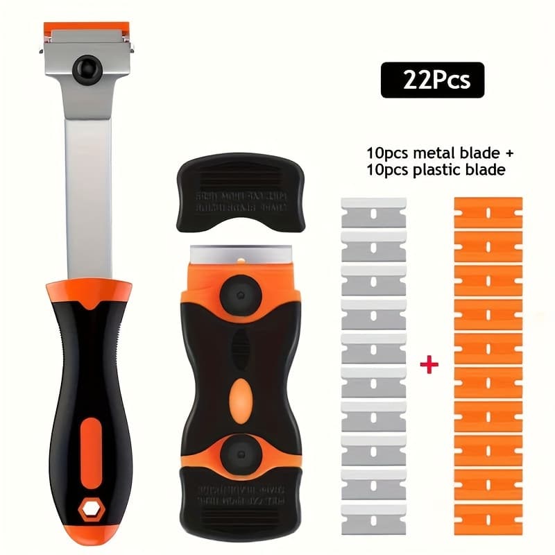 TEMU 22pcs Durable Blade Scraper Set - Effortlessly Remove Labels, Stickers, Tint & Grease From Windshields, Appliances, Glass - 10 Metal & 10 Plastic Blades Included