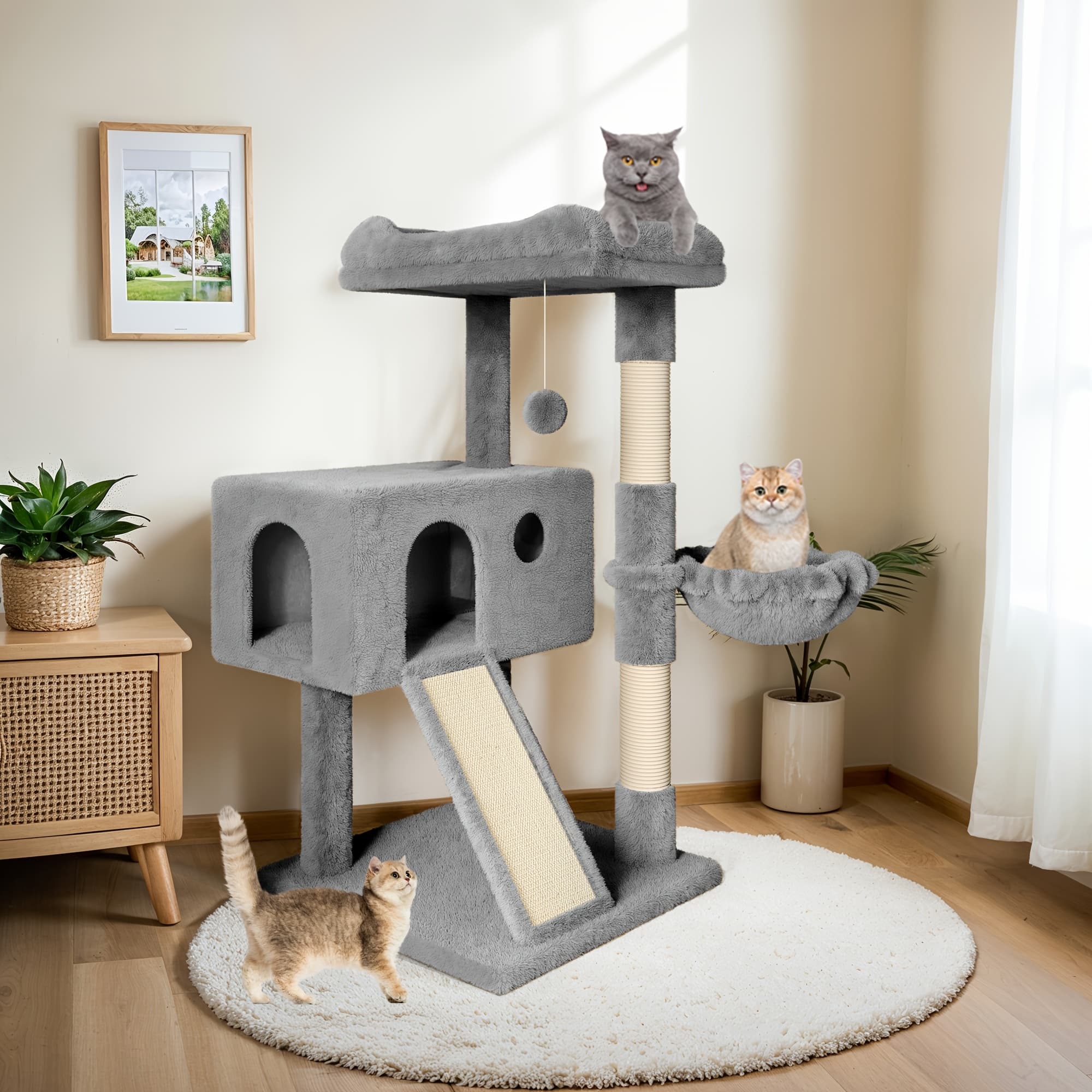 TEMU Hoomic 36" Cat Tree For Indoor Cats, Multi-level Cat Condo With Sisal Scratching Posts And Board, Cozy Hammock, Padded Plush Perch For Kittens, Dark Grey, Grey, Beige