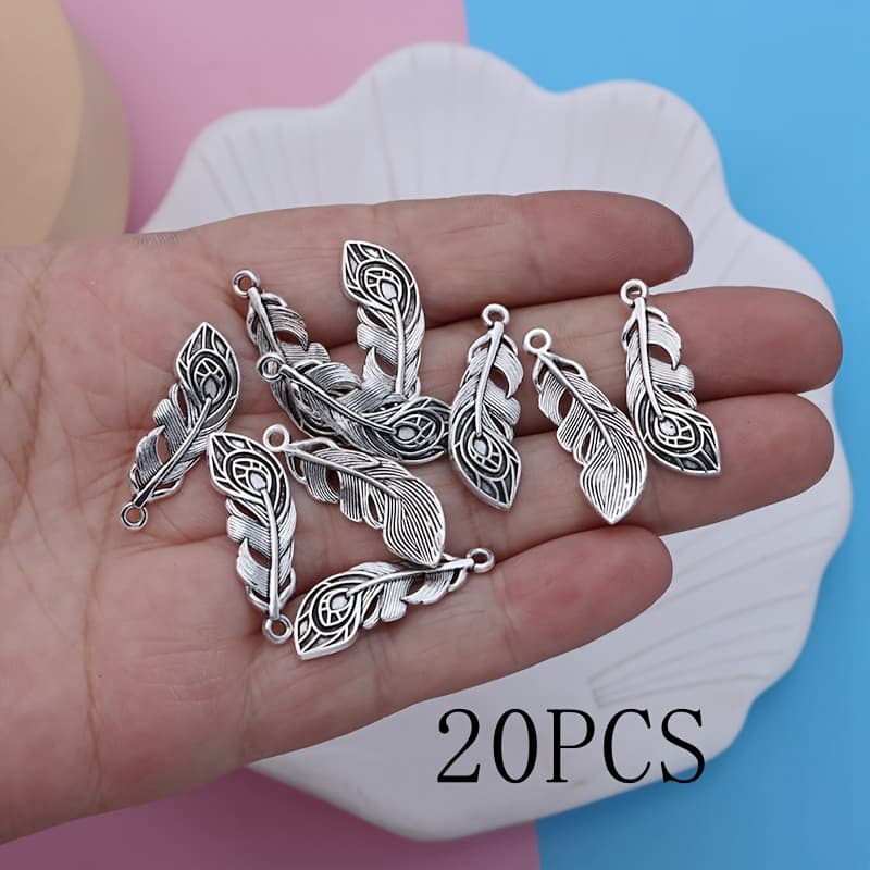 TEMU 20pcs/10pcs Small Business Supplies Alloy Plated Antique Silvery Peacock Feathers Pendant Charms Necklace/earrings Pendant For Jewelry Making