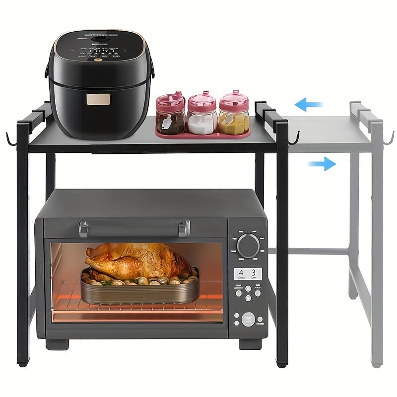 TEMU Countertop Storage Rack, Microwave And Oven Storage Rack, Multifunctional Telescopic Rack, Black, Strong Load-bearing Capacity, Space Saving, Kitchen Organizers And Storage