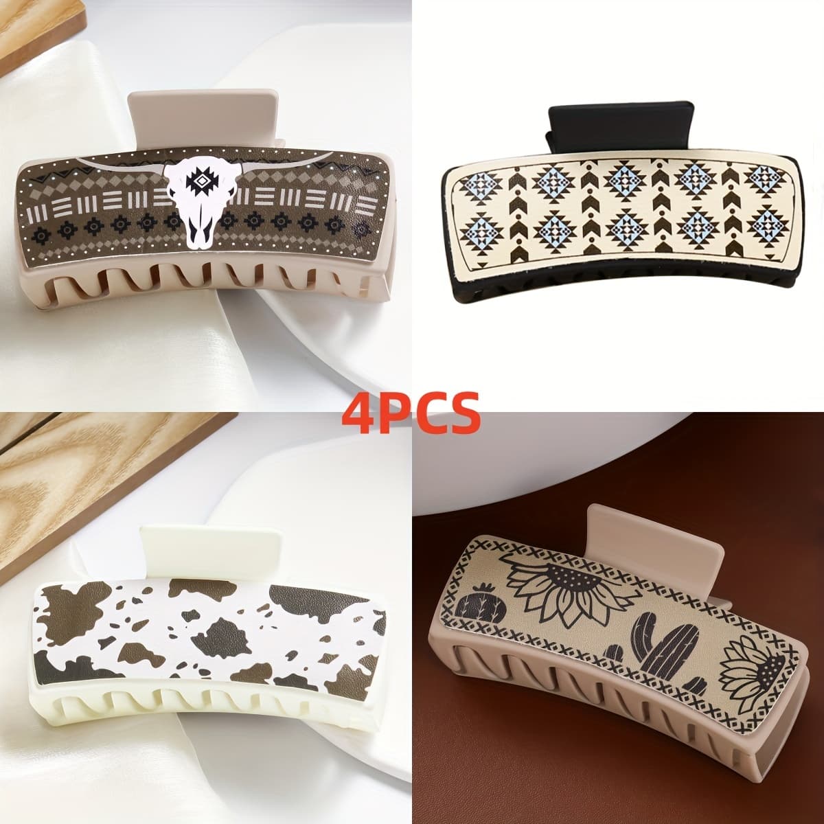 TEMU 4pcs Oblong Claw Hair Clips, Western Cowboy Printed Hair Grab Clip, Elegant Minimalist For Daily Use, Trendy Fashionable Hair Accessories, Gifts For Her
