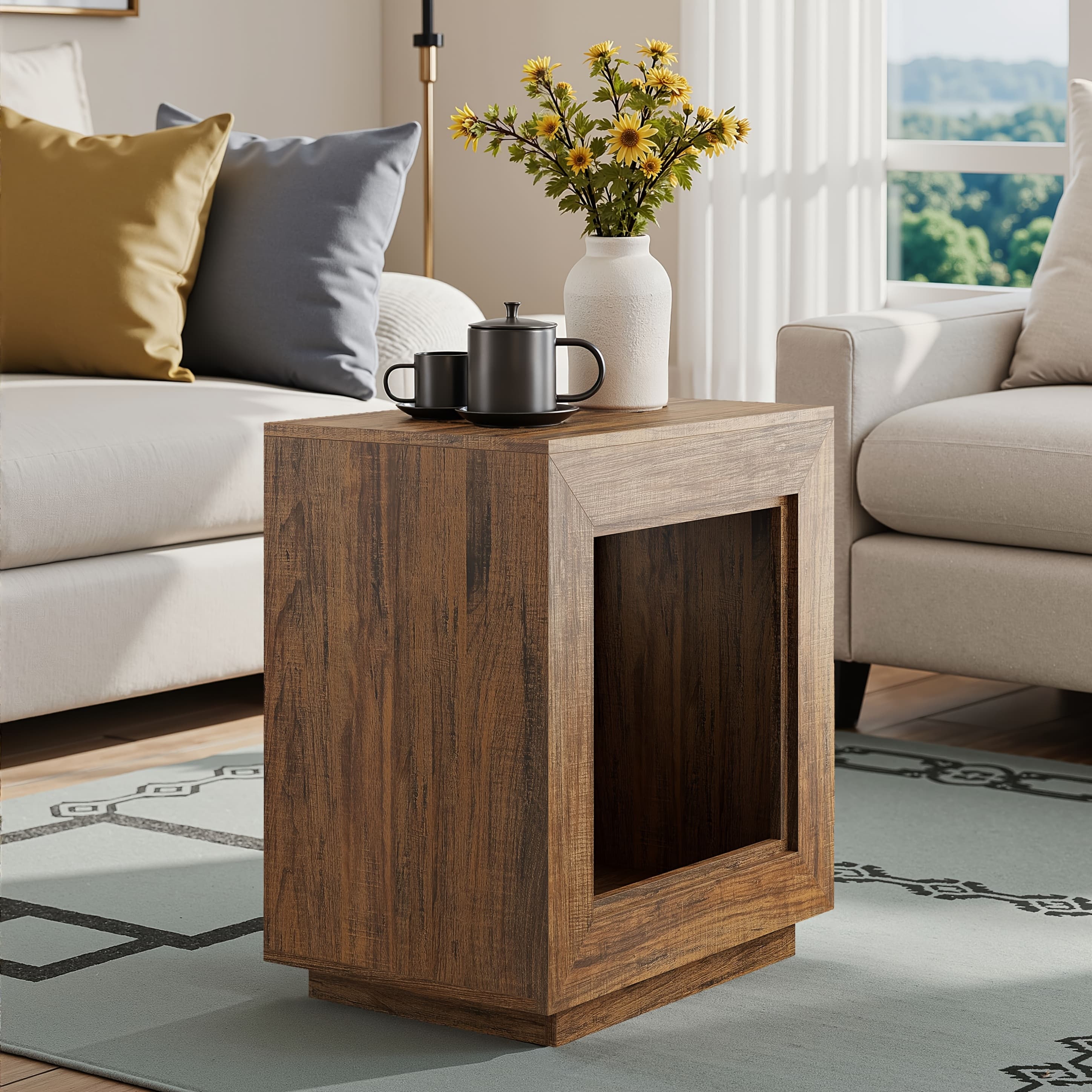 TEMU Rustic Wood End Table Sofa Side Table, Farmhouse 2 Tiered Square Side Table With Storage Shelf, Industrial Bedside Table Table For Living Room, Bedroom, Entrance, Spaces (rustic Brown) (1pc)
