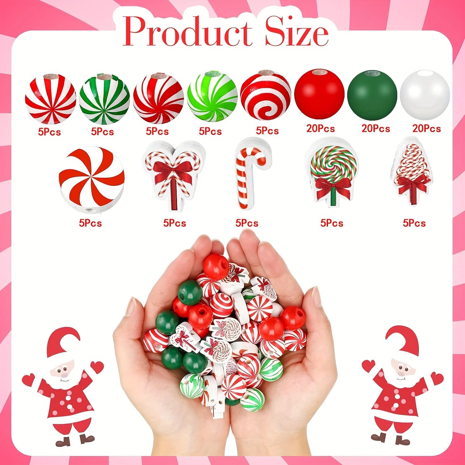 TEMU Efrey 110 Christmas Wooden Bead Candy Rattan Wooden Bead Candy Vortex Bead Red Green White 16mm Round Handmade Bead Garland Jewelry Making Party Home Christmas Tree Hanging (candy)