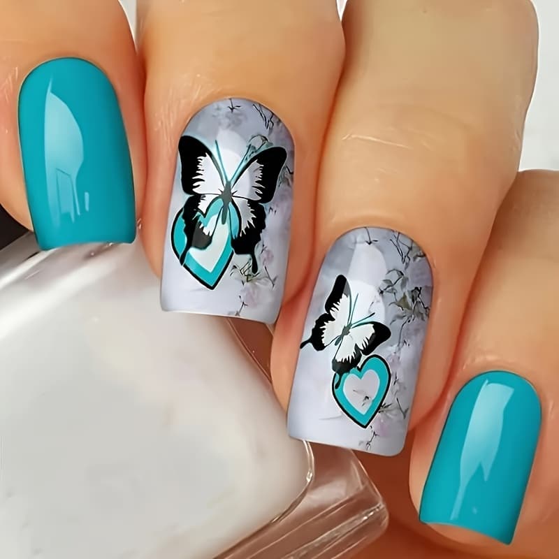 TEMU 48 Square-shaped Nail Stickers With Cute And Heart Patterns. Are Of Medium Length, Featuring A And Blue Finish. Nail Stickers Are Removable And Are Designed For Nail Art.