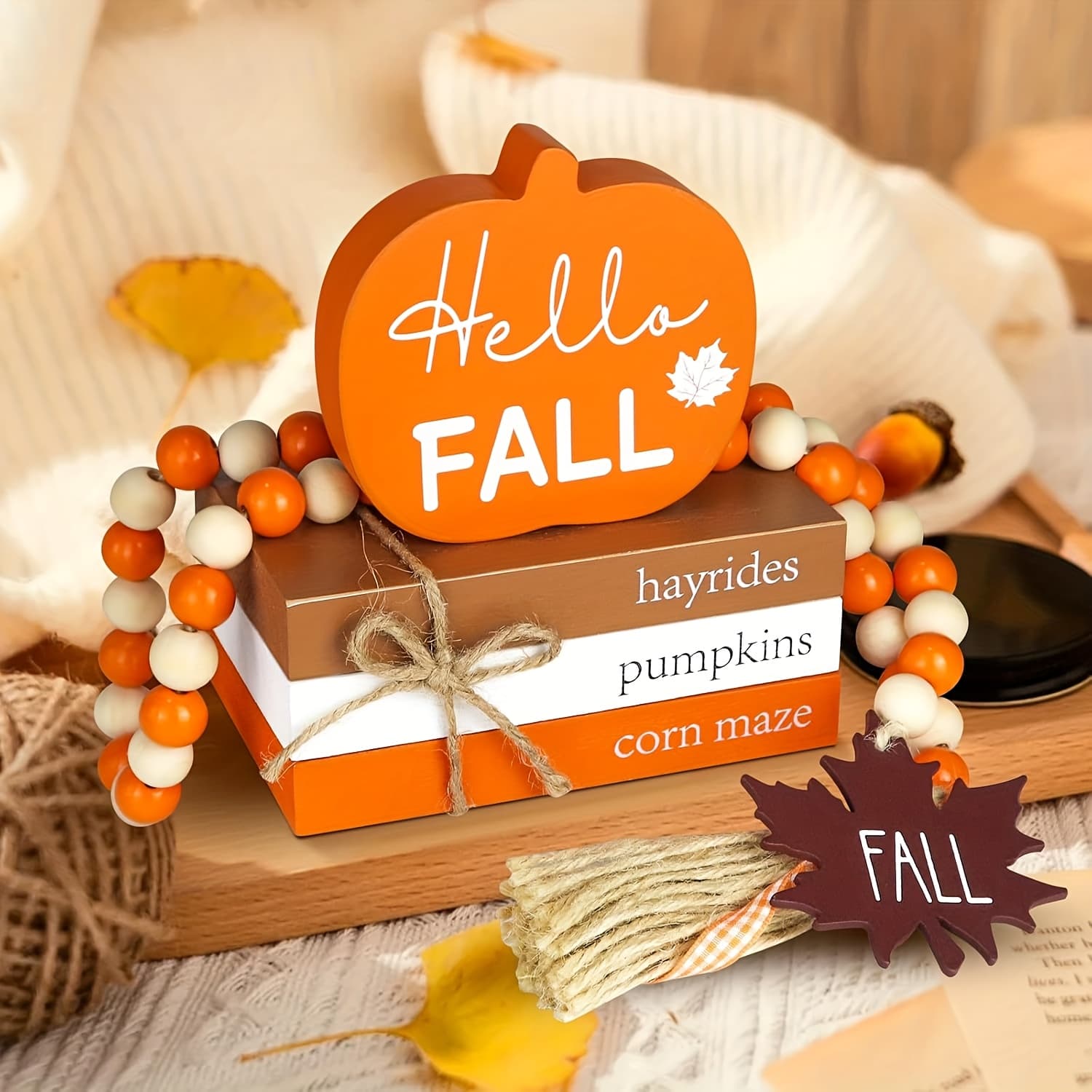 TEMU Fall Tiered Tray Decor, Thanksgiving Decor, Wood Book Stack With And Fall Bead Garland, Fall Decor For Table, Farmhouse Mini Decorative Books Bundle