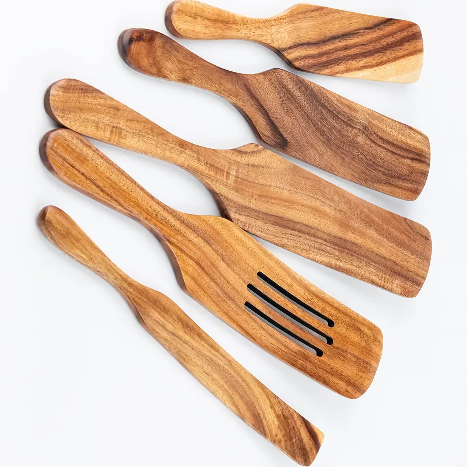 TEMU Premium Teak Wooden Kitchen Utensils: 5pcs Of Slotted Spurtles, Spatulas, And Spoons For Nonstick Cookware - Heat Resistant,