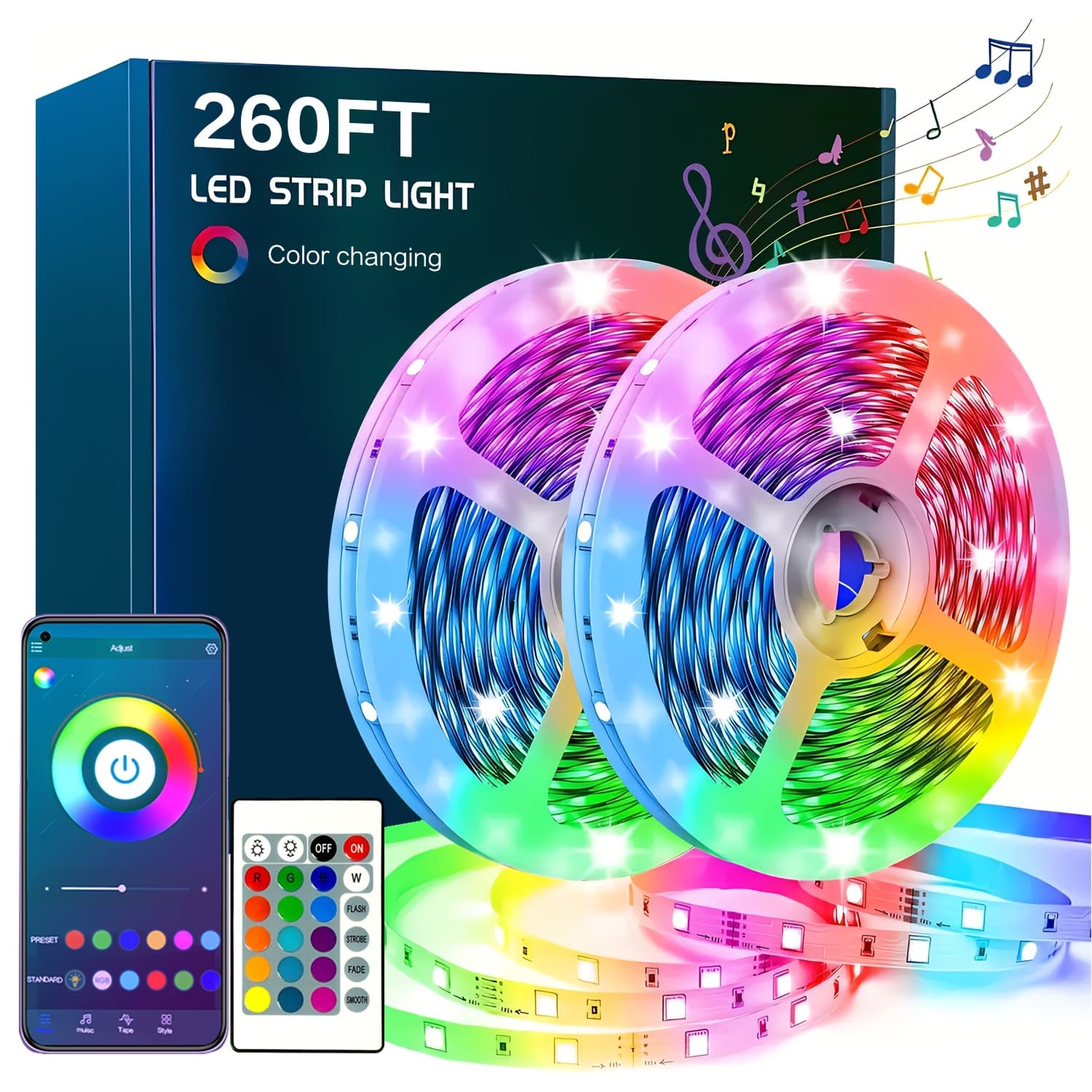 TEMU Led Light Strip 260 Ft (two Rolls 130 Ft) Smart Led Light Strip With App Control Remote Control, Rgb Music Color Change Light, Suitable For Bedroom, Party Supplies, Home Holiday Decoration