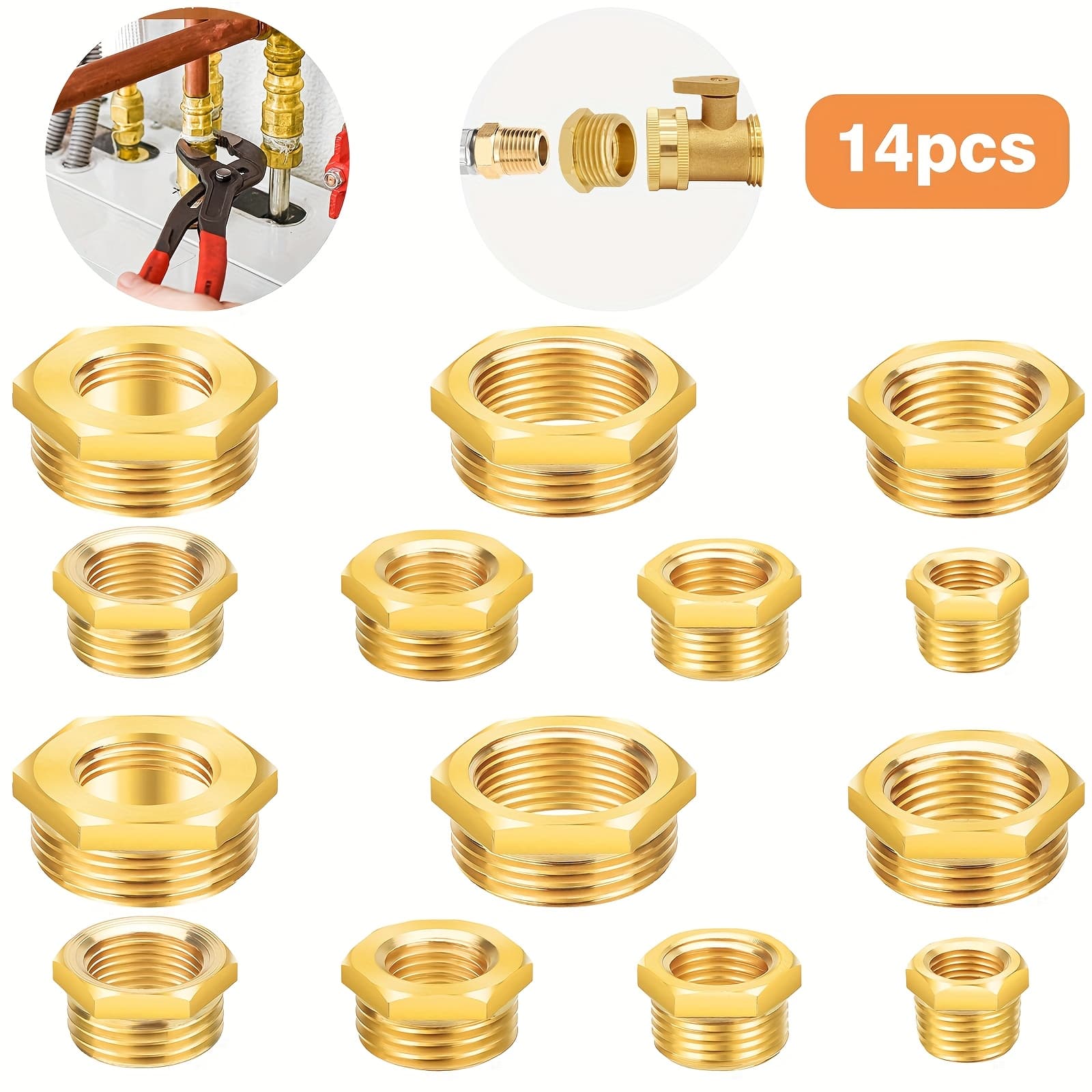 TEMU 14pcs Brass Hex Coupling Set, 1/8" To 3/4" Adapters For Plumbing, Gas Lines & Hydraulic Systems, Durable Brass Fittings Kit