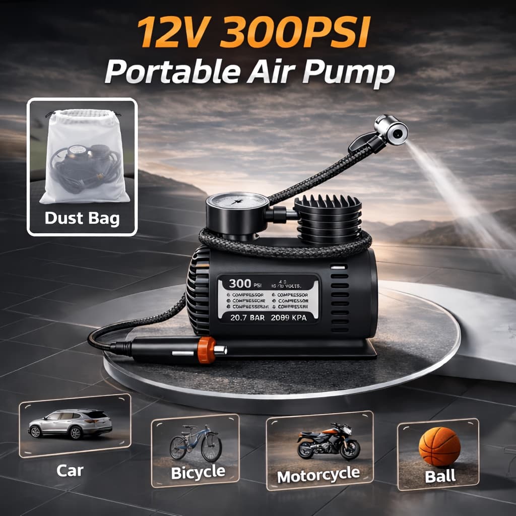 TEMU 12v 300psi All-new Upgraded Portable Air Pump Set | Inflator With Dust Bag | Outdoor Travel Essential | Perfect For Rvs, Motorcycles, Bicycles, And All Types Of Balls, Without Battery