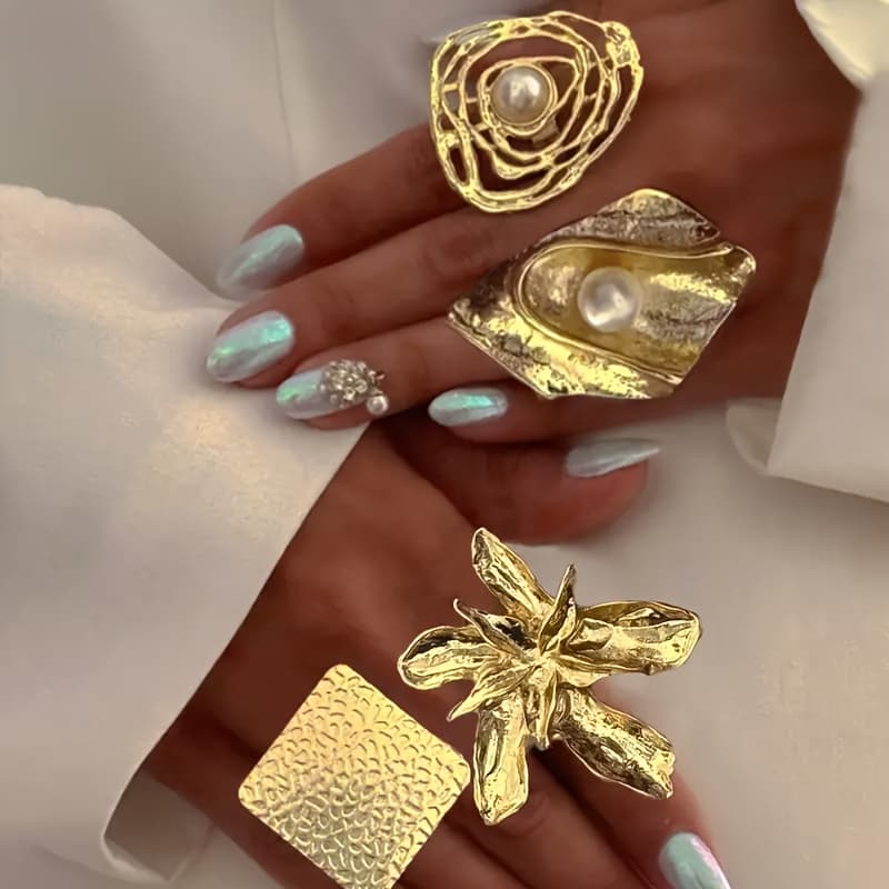 TEMU 4pcs Vintage Exaggerated Rings: Made Of Pearl. With Exaggerated Floral Wide . Ideal For Women's Casual Outfits. A Stylish Option For Parties, Vacations, Dates, And A As A Holiday Gift.