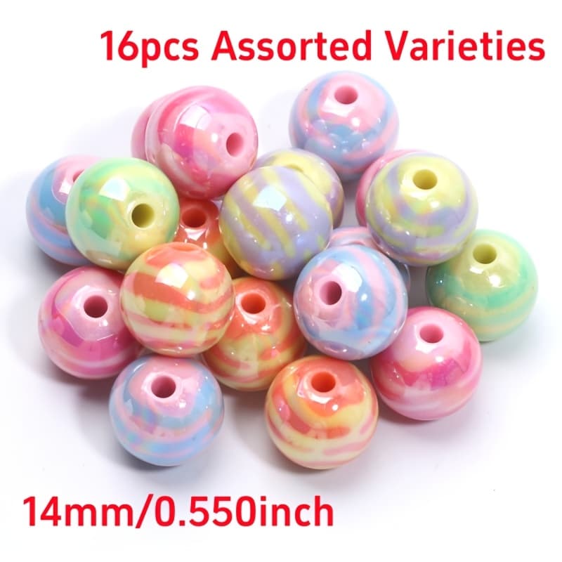 TEMU 16 Random Mixed Color Striped Round Beads, 14mm Acrylic Beads For Fashion Diy Bracelet Necklace Pendant Decorative Beads Gift