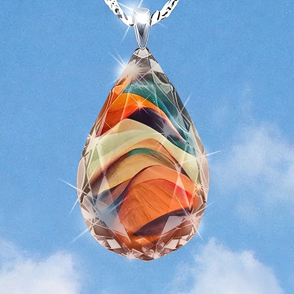 TEMU Women's Teardrop-shaped Glass Abstract Wave Color Flowing Pendant Necklace, Elegant And Luxurious Jewelry, Suitable For Casual Attire And Special Occasions.